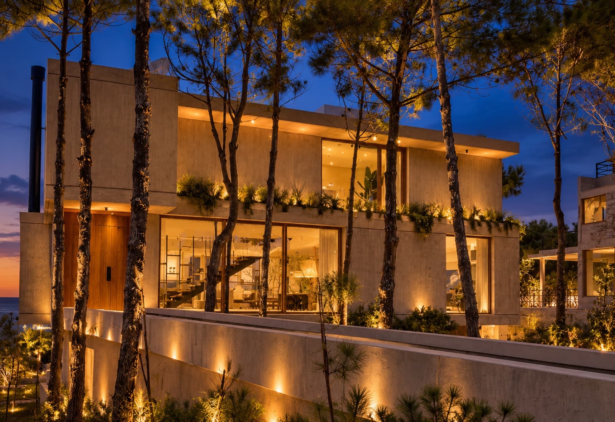 Detalle de fachada con revestimiento de madera e iluminación cálida
