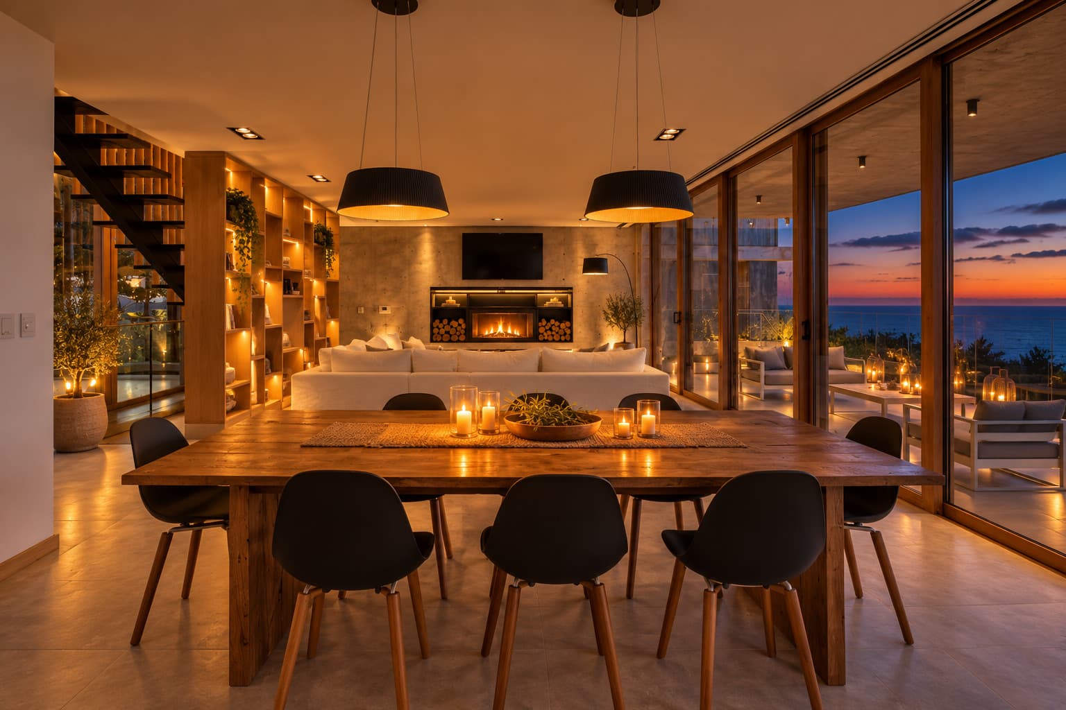 Living comedor con mesa de madera, biblioteca iluminada y ventanales al mar al atardecer